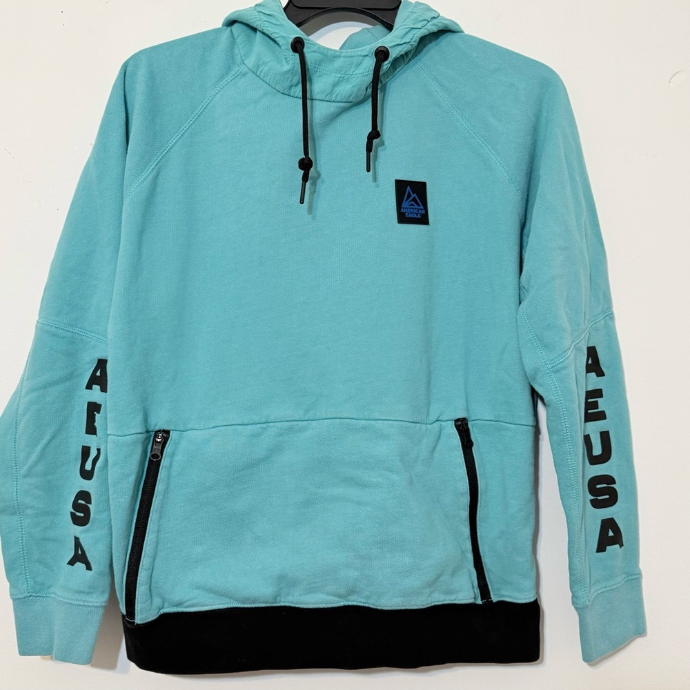 American Eagle AE USA Teal Pullover Hoodie Zip Pockets Men’s M 23x25